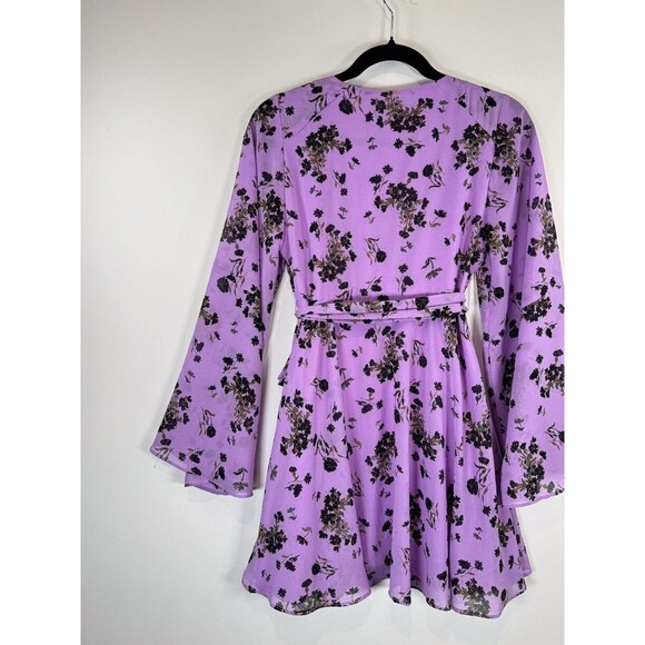 Free People Dress Purple Wisteria Mini Floral Wrap V Neck Waist Tie Fit Flare XS - Picture 7 of 9